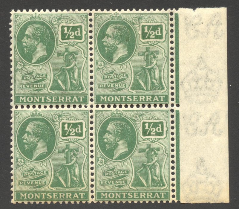 Montserrat Scott 43 MNHOG Block of 4 - 1916 1/2p King George V - SCV $1.80