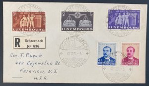 1951 Echternach Luxembourg Registered Cover To Fairview NJ Usa Progress Stamps