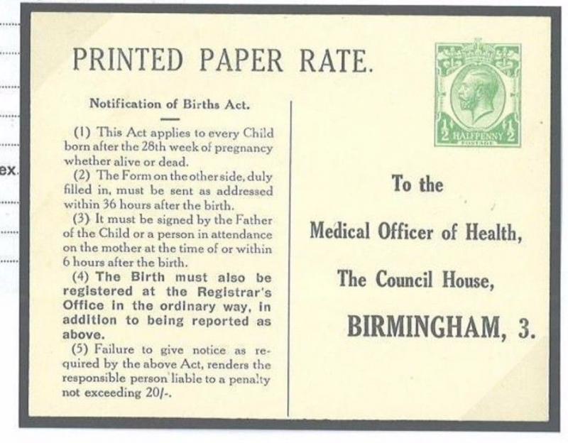 GB KGV MEDICAL STO Postal Stationery Card 1920 Birmingham BIRTH Mint Rare E178a 