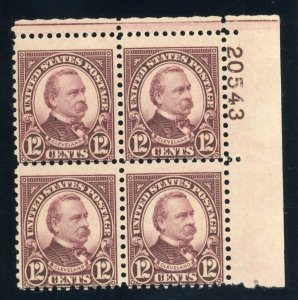 US Stamp #693 Grover Cleveland 12c - Plate Block of 4 - MLH - CV $22.50