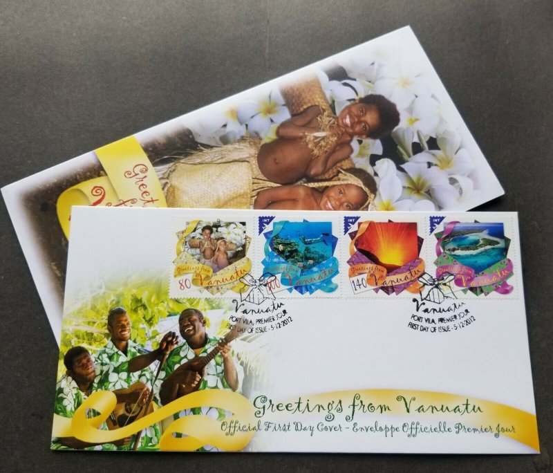 Vanuatu Greeting 2012 Marine Beach Fish Flower Volcano Music Scuba Island (FDC)