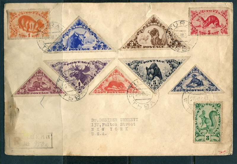 TANNU TUVA YR 1935,SC 61-70 COMPLETE SET ON LARGE COVER TO NY,USA,VERY RARE,READ