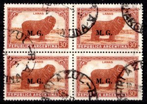 Argentina 1936 Sc#OD 98 MERINO SHEEP (WOOL) MINISTRY OF WAR Block of 4 USED