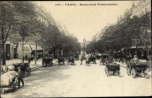 Postcard Paris II. Arrondissement Bourse, Boulevard Poissonniere, Old Carriages