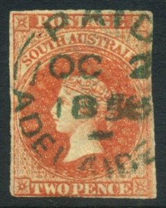 South Australia Adelaide Paid unframed cancel 2/10/1856 or 1858 on 2d orange 