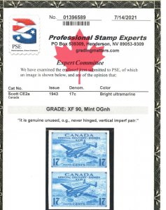 Canada #CE2a Extra Fine Never Hinged Imperf Pair **With Certificate**
