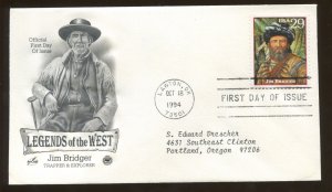 ArtCraft Legends of The West Cover 1994 FDC Trapper Explorer Jim Bridger #2869