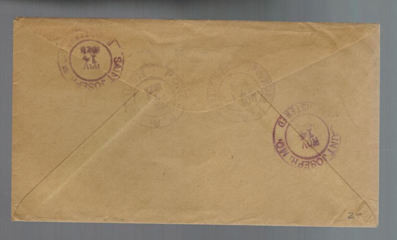 1928 Puerto Rico Ponce Registered Cover to St Joseph Missouri