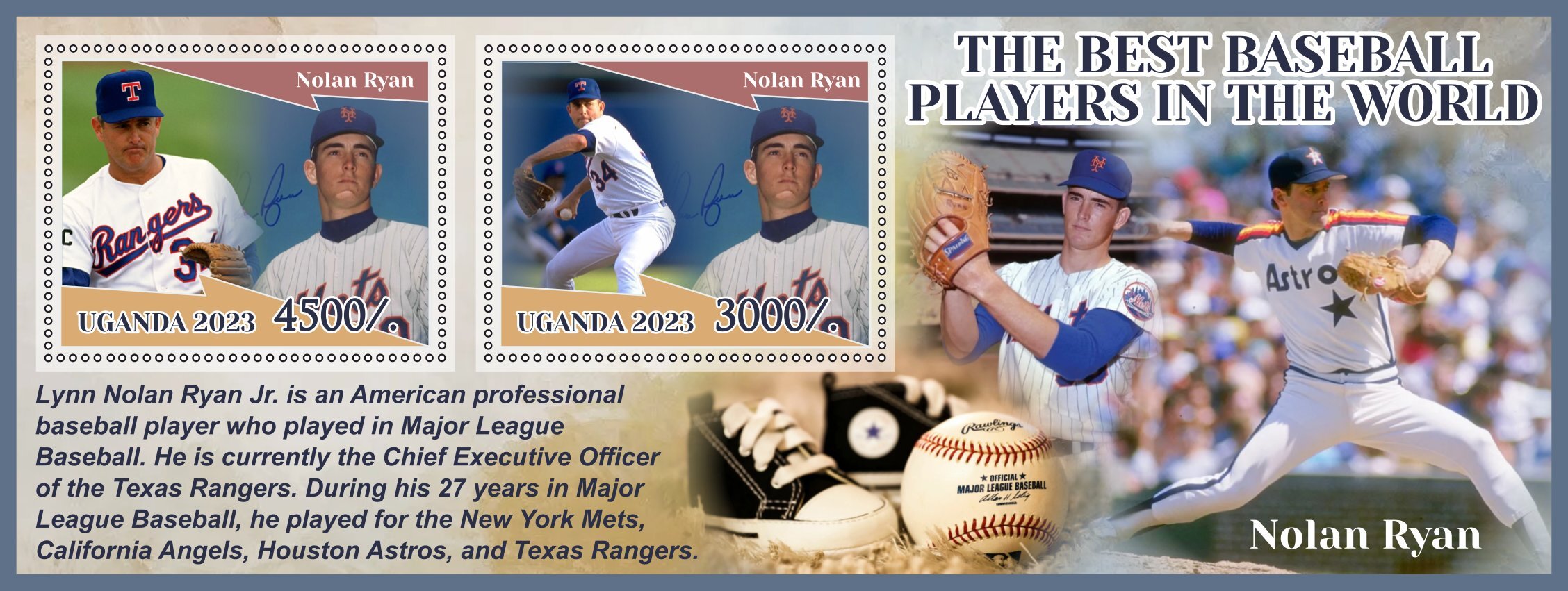 Stamps.Sports.Baseball Nolan Ryan 2023 year 1+1 sheets perforated Uganda  NEW