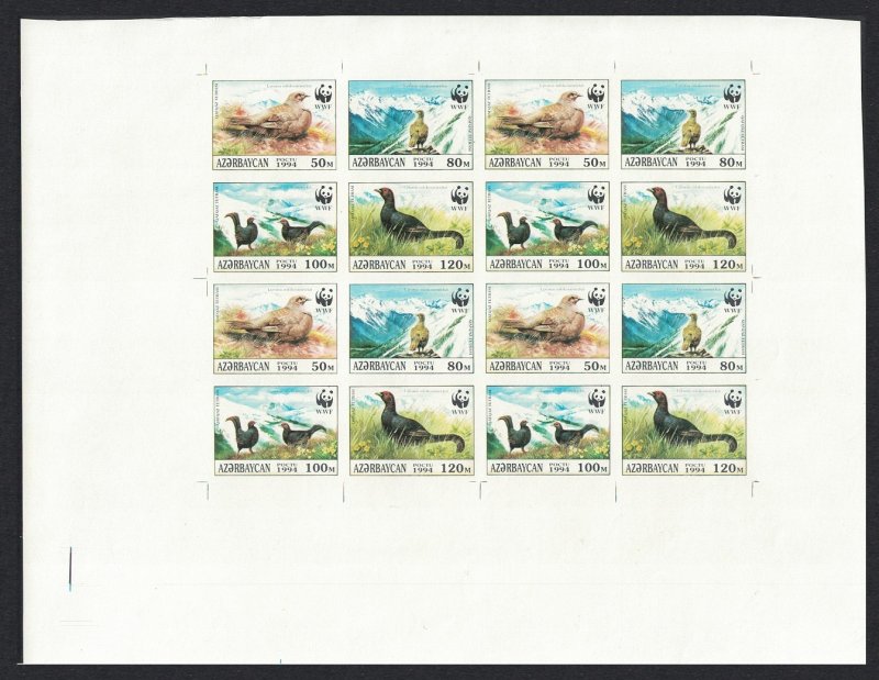 Azerbaijan Birds WWF Caucasian Black Grouse 4v IMPERF SHEETLET UNIQUE 1994