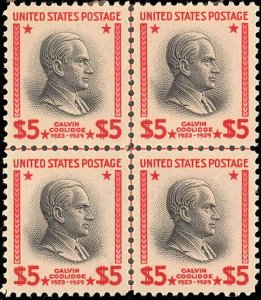 #834 $5 MINT SUPERB OG NH CENTER LINE BLOCK OF 4