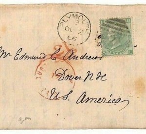 GB SG.101 Cover 1866 Plymouth TRANSATLANTIC USA Packet 1s Plate 4 Cat £450 AF116