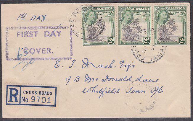 JAMAICA 1953 Royal Visit registered FDC Crossroards to Whitfield Town........745