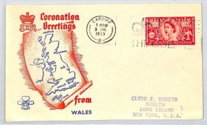 GB QEII 1953 FDC *Wales* CORONATION GREETINGS Cardiff ROYALTY Slogan MAP XE45