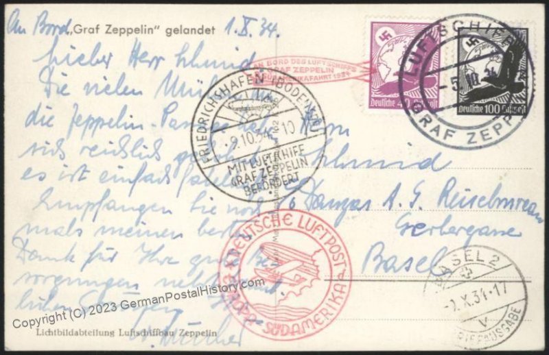 Germany 1934 Zeppelin 6th SAF Mi408굹 Bordpost Cover Switzerland Passen ...