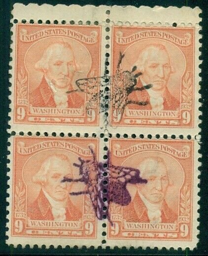 US #714, 9¢ Washington Bicentennial, used block w/BOLD FLY FANCY CANCEL
