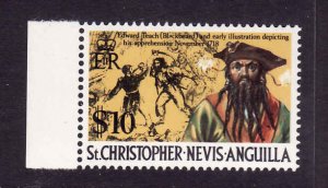 St Kitts-Nevis-Sc#222A-unused NH $10 Blackbeard-Edward Teach-Pirate-1974-