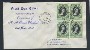 St. Vincent 1953 QEII Coronation block of four on First Day Cover.