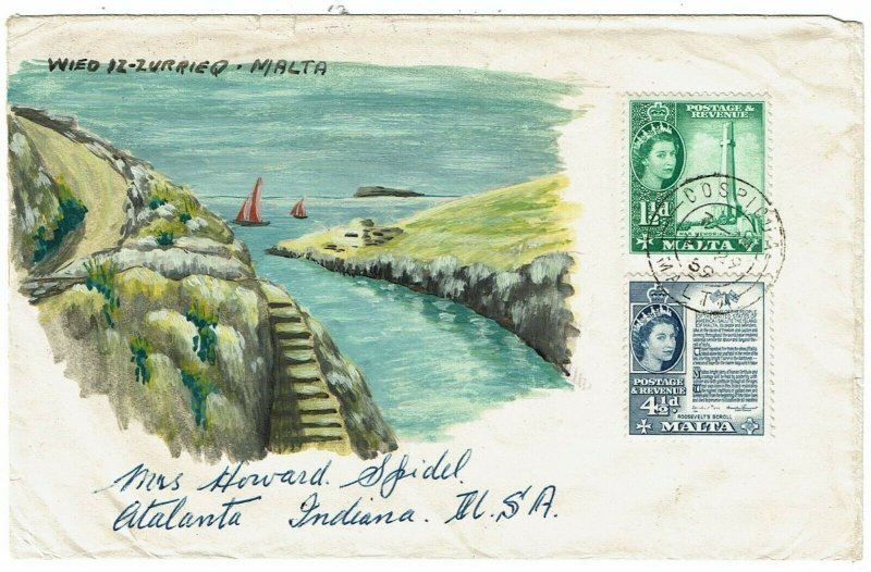 Malta 1959 Cospicua cancel on HANDPAINTED cover to the U.S.