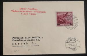 1935 Vaduz Lichtenstein First Flight Airmail cover to Zurich Switzerland #C6 B