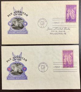 895 2 Ioor cachets Pan American Union 50th Anniversary FDCs 1940