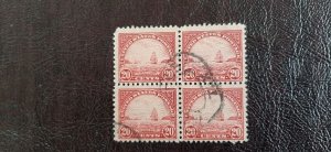 US Scott # 567; 20c Golden Gate; used block of 4 from 1923; F/VF centering