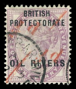 Niger Coast 1893 QV ½d on half of 1d lilac (Unsevered pair)  VFU. SG 7a. Sc 7c.