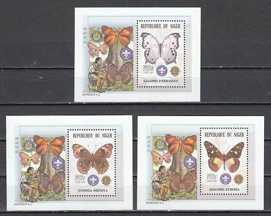 Niger, Scott cat. 1085 A-C. Scouts with Butterflies on Deluxe s/sheets. Rotary