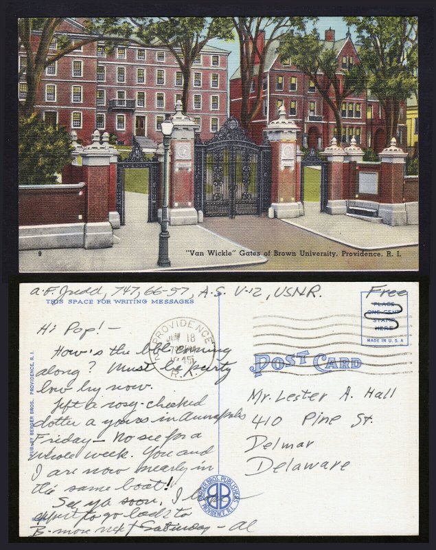 SOLDIERS FREE MAIL ⭐ USNR ⭐ POSTCARD PROVIDENCE RI VAN WICKLE GATES POSTED 1945 