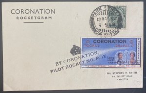 1937 Calcutta India Rocketgram Coronation Flight Postcard cover With Label