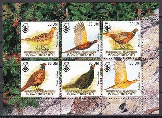 Mauritania, 2002 Cinderella issue. Pheasants on a sheet of 6. Scout logo.