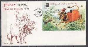 Jersey, Scott cat. 777a. Year of Ox w/overprint s/sheet. First day cover. ^