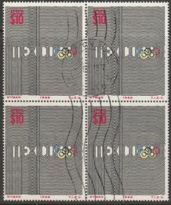 MEXICO C344, $10Pesos 1968 Olympics, Mexico City USED BLOCK OF 4. VF. (562)