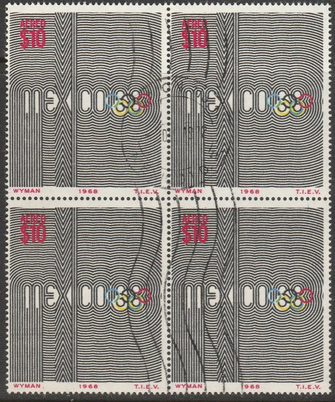 MEXICO C344, $10Pesos 1968 Olympics, Mexico City USED BLOCK OF 4. VF. (562)