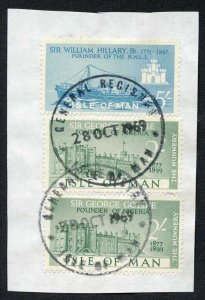 Isle of Man 5/- Blue and 2 x 2/- Green QEII Pictorial Revenues CDS On Piece