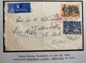 1944 Zomba Nyasaland War Time Airmail Censored Cover To Cork Ireland