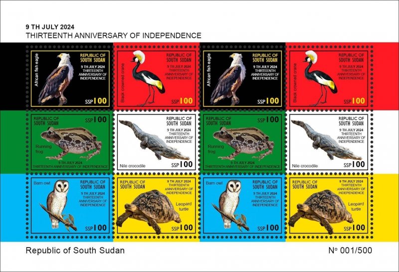 SOUTH SUDAN 2024 2025 MS12V - FROG FROGS TURTLE OWLS CRANE EAGLE CROCODILE - MNH-