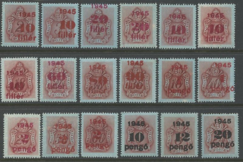 HUNGARY Sc#J167-J169, J171-J185 1945 Surcharged Postage Due Set OG Mint Hinged