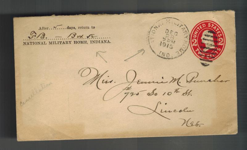 1915 National Military Home Indiana to lincoln NE Postal Stationery Envelope