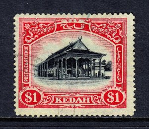 MALAYA (KEDAH) — SCOTT 42 — 1924 $1 COUNCIL CHAMBER, WMK. 4 — USED — SCV $85