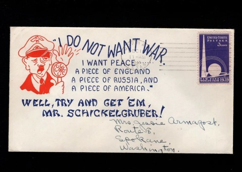 WWII Patriotic Hitler Microphone I Do Not Want War Gorman TX 1943 RARE Cover 6c