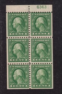 1914 Washington Sc 424d 1c green MNH OG booklet pane plate number (X3