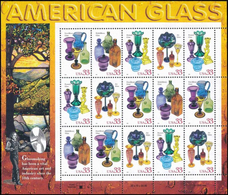 #3325-3328  American Glass 33¢ 1999 Sheet  MNH