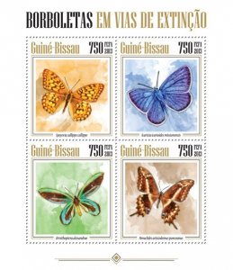 GUINEA BISSAU - 2013 - Endangered Butterflies - Perf 4v Sheet -Mint Never Hinged