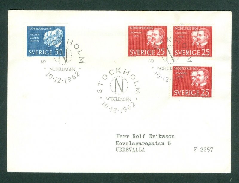 Sweden. FDC 1962. Nobel Prize Winners 1902. Adr: Uddevalla. Engraver: Wallhorn. 