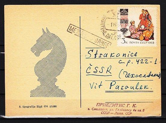 Russia, 01/APR/64 issue. Chess Cancel on a Cachet Card w/board on reverse..