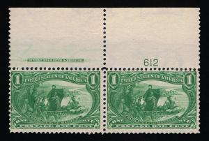 GENUINE SCOTT #285 MINT OG NH TRANS-MISS WIDE TOP BEP IMPRINT PLATE #612 PAIR