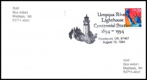 US Centennial Umpqua River Lighthouse Reedsport,OR 1994 Cancel Cover