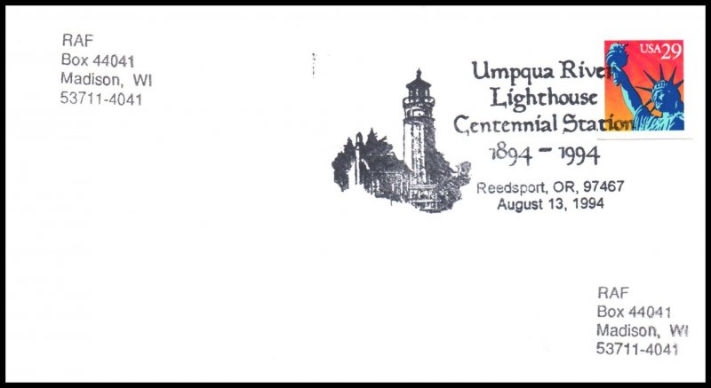 US Centennial Umpqua River Lighthouse Reedsport,OR 1994 Cancel Cover