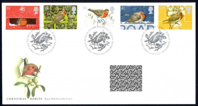 Great Britain Sc# 1634-1638 FDC 1995 19p-60p Christmas Robins